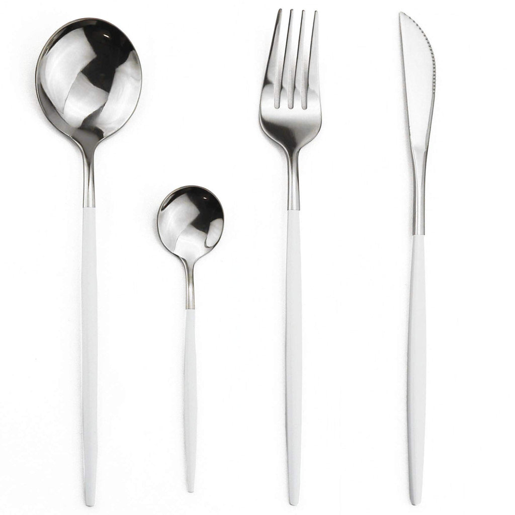 24-Piece Flatware Set, 18/0 Stainless Steel Knife Fork Spoon Teaspoon Silverware Set, Service for 6, White Handle