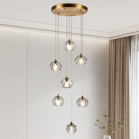 7-Light Pendant Light Fixtures, 21W Crystal Raindrop Chandelier Cluster Modern, Brass Ceiling Light Fixture Chandelier with Clear Cut Crystal for Dining Room Foyer Hallway A116-B0B6CMD1KC