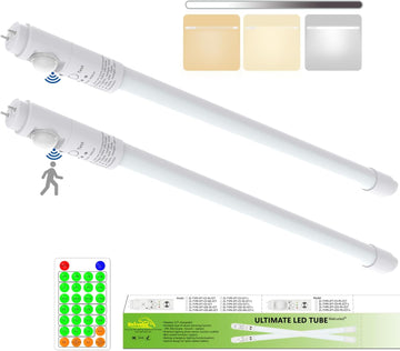 T8 LED Tube Light 2FT with Photocell and PIR Motion Sensor, Remote, Dimmable, IP4X, G13, 120V, CCT, 10W, 1000 LM, LED