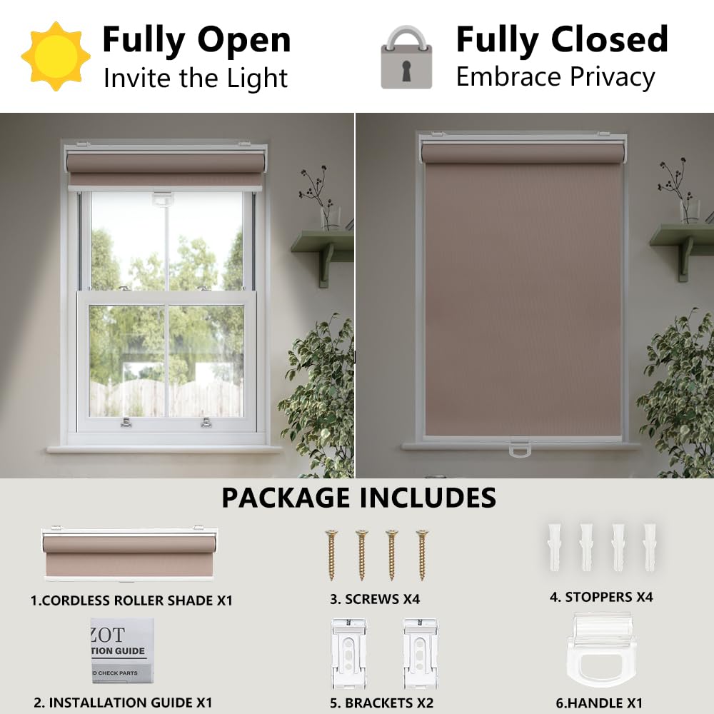 Cordless Blackout Roller Shades for Indoor Windows, Brown