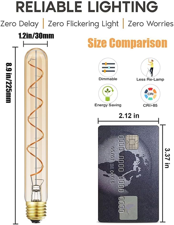 Vintage LED Spiral Filament Bulb T10, 8.9inch Long Tubular Dimmable Edison Light Bulbs,E26 Base,Amber Glass,Warm