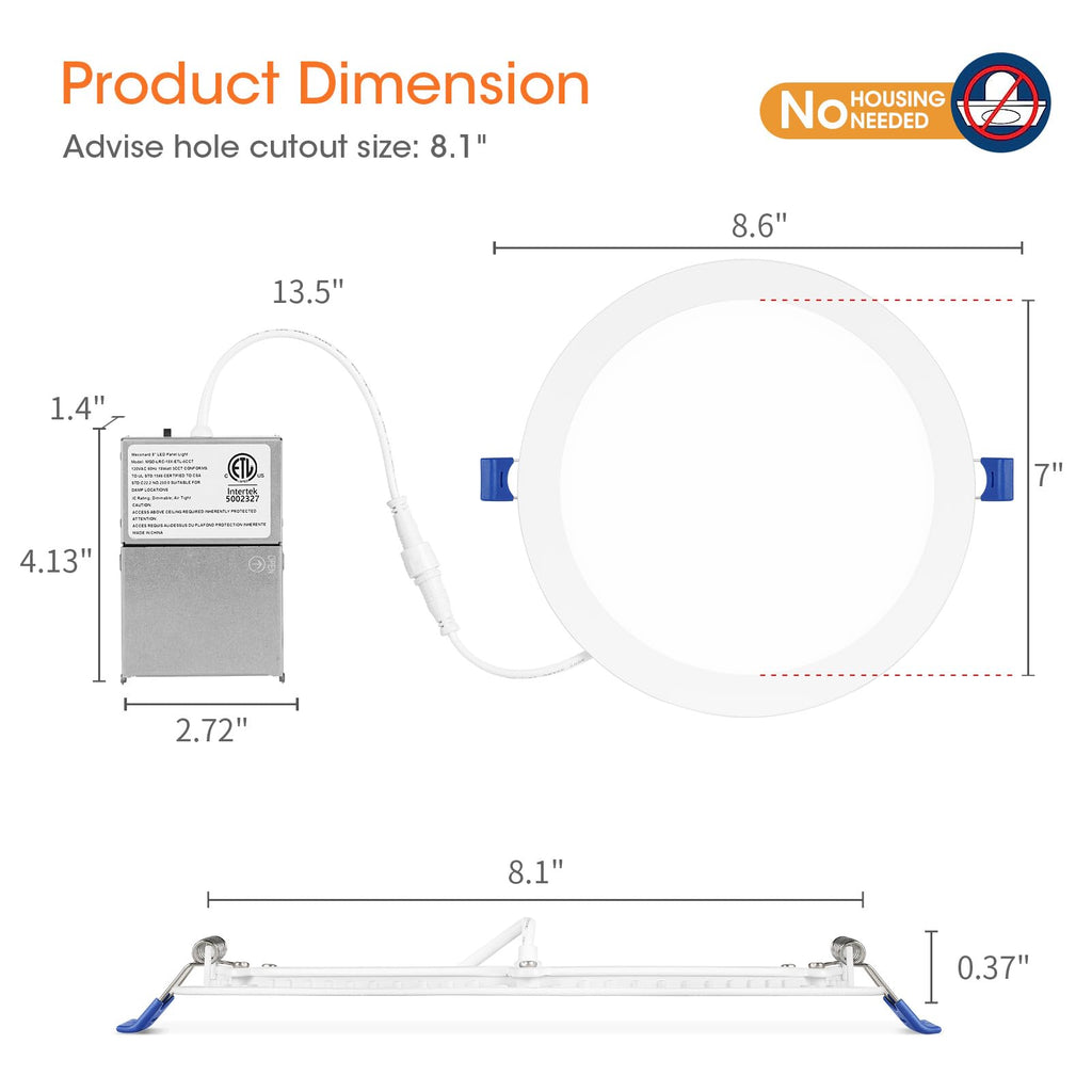 4 Pack 8 Inch 5CCT LED Recessed Lighting, Canless Wafer Downlight