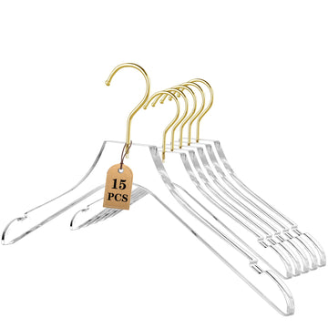 15 Pack Acrylic Hangers with Gold, Acrylic Clear Hanger, Premium Crystal Dress Hangers Swivel Gold Hook Luxurious Shiny