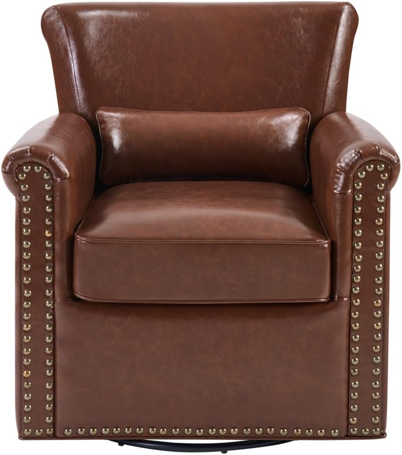 360° Swivel Accent Chair, Genuine Leather Swivel Barrel Chair, Brown
