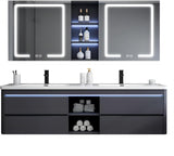 55IN Double Sink Vanity, 4 Drawers, Two LED Smart Touch Mirror Cabinets, Open Center Compartment, Body Sensor Lights
