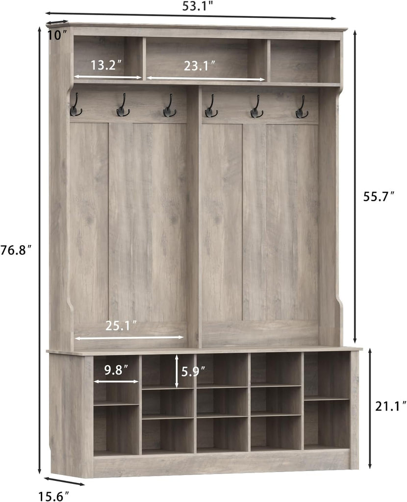 Hall Tree with Bench and Shoe Storage, 53" Farmhouse 4-in-1 Mudroom Storage Organizer with Coat Rack, 6 Hooks, 12