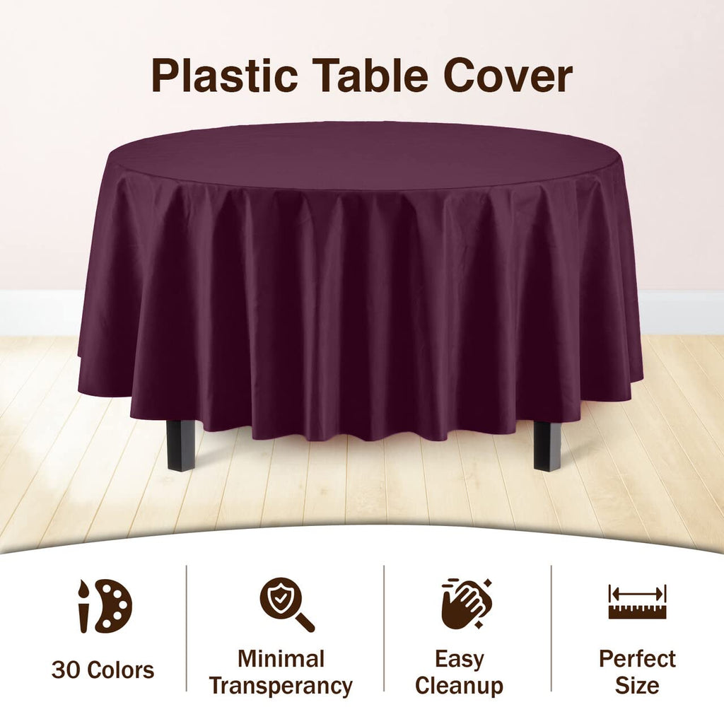 12-Pack Premium Plastic Tablecloth Pack of 12 Premium Plastic Tablecloth 84 Inch Round Table Cover - Plum