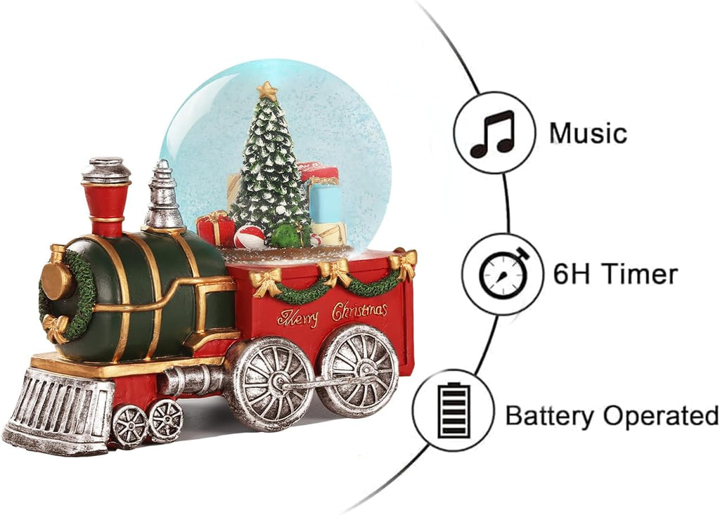 Lighted Musical Christmas Train Snow Globe Lantern with Christmas Trees, Battery Operated Water Glittering Lantern