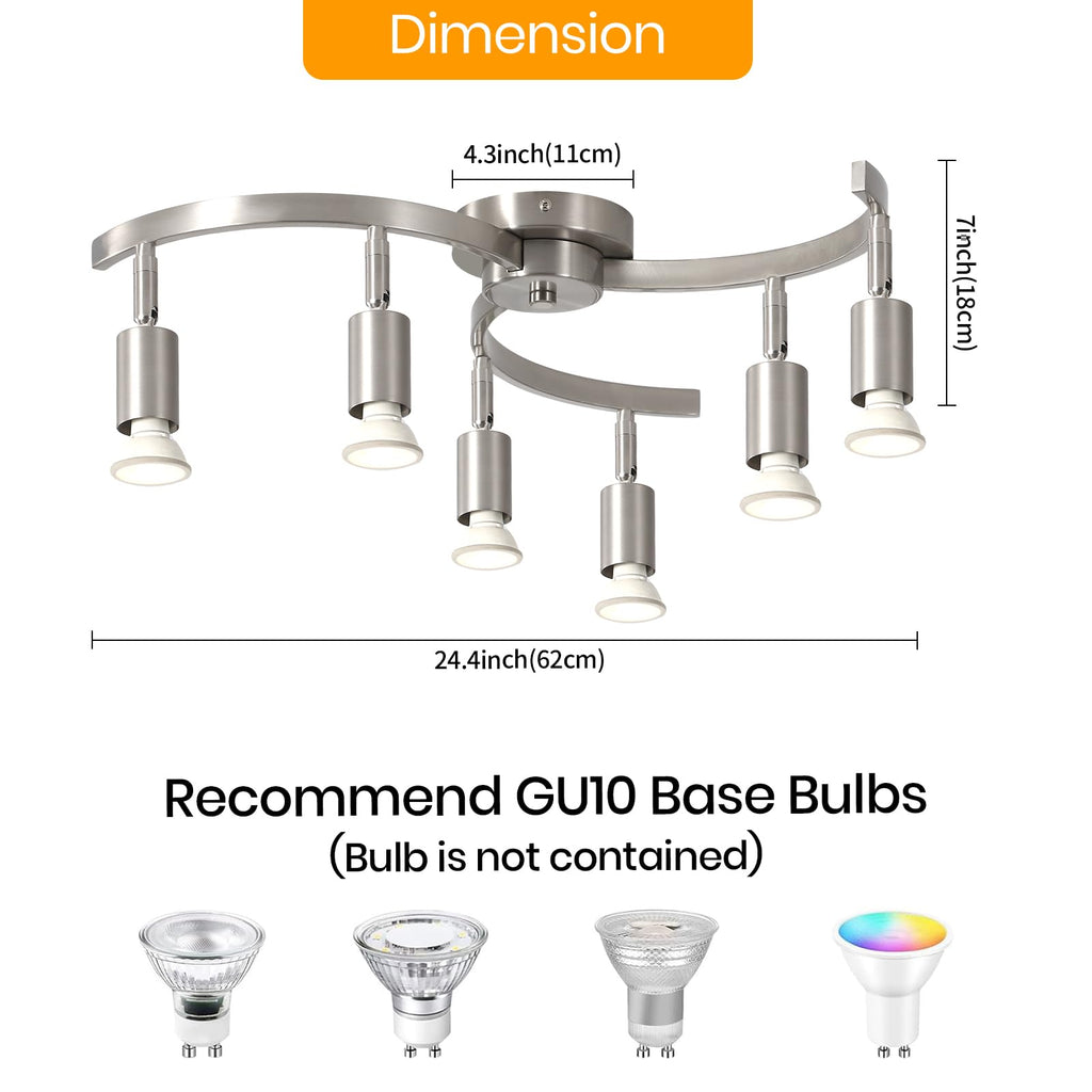 6 Light Track Lighting Fixtures Ceiling, Flexibly Rotatable Light Heads, Nickel Semi Flush Mount Ceiling Light Dining