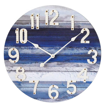 24 Inch Large Beach Blue Wall Clock, Silent Non-Ticking Battery Operated Wall Clock, Rustic Vintage Beach Coastal
