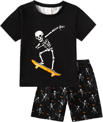Boys Pajamas Sets Glow in Dark Summer Short Sleeve Sleepwear Skull Kids Pjs