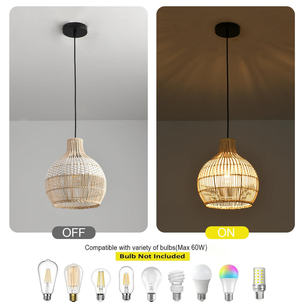 1-Pack Rattan Pendant Light, Mini White Rattan Chandelier