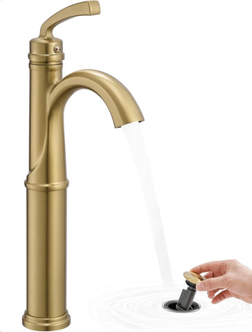 Gold Vessel Sink Faucet, Brass Tall Bathroom Sink Faucet One Hole with 1 Handle, Pop Up Drain