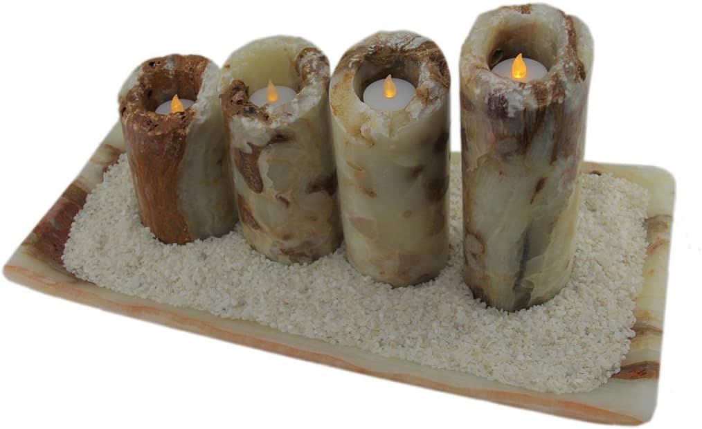 Set of 5 Marble Candle Holder and Tray Pieces, 19.5 Inch, Rust, Off-White | Handcrafted by a Single Artisan, Natural