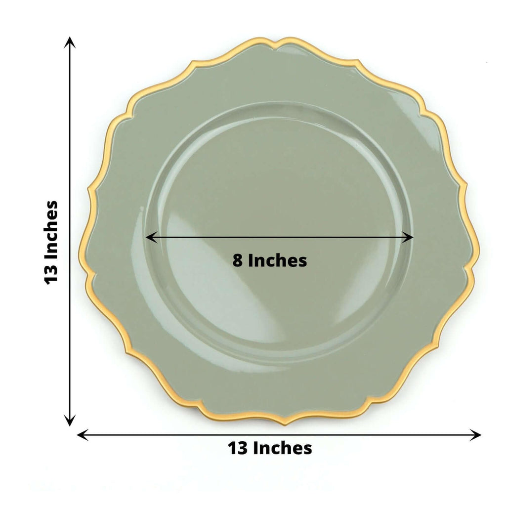 13" Charger Plates - Set of 12 - Dusty Sage Green Round Acrylic Chargers with Scalloped Rim, Ideal for Dinner Party