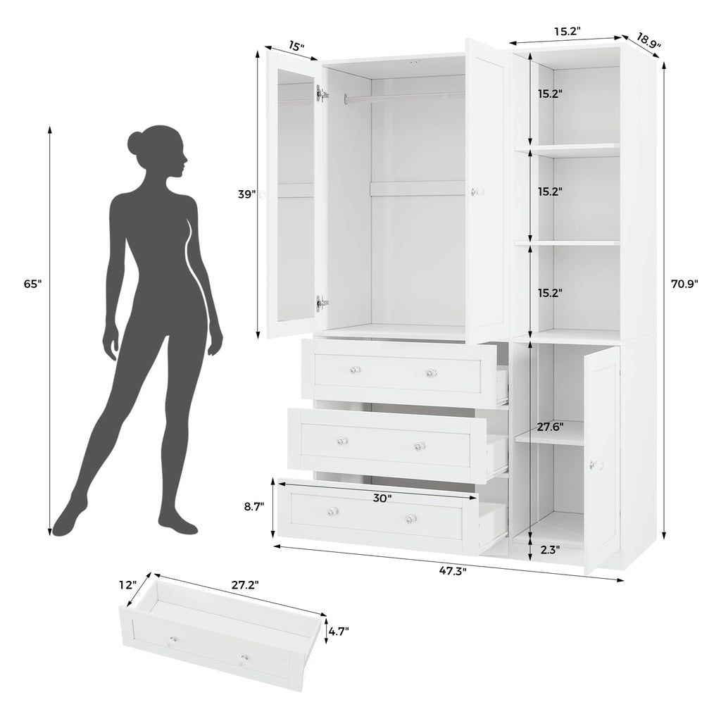 71"H Armoire Wardrobe Closet with Mirror and Open Shelves (1, White)