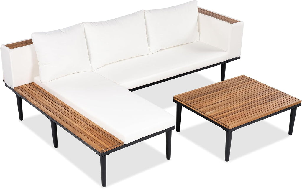 3 Pieces Acacia Wood Sectional Patio Sofa with Coffee Table, Outdoor L-Shaped Sectional Sofa with Side Table