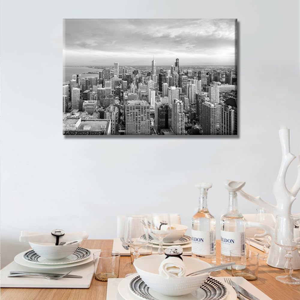 1 Piece Chicago Skyline Black and White Wall, Skyscraper Panoramic Poster, Chicago Cityscape Wall Decoration