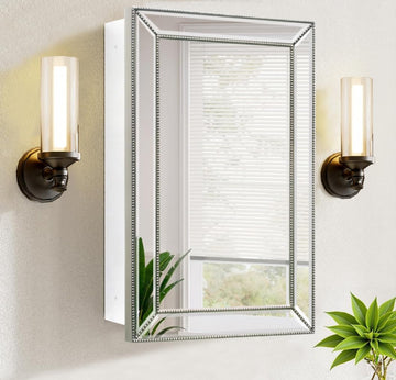 20x32 Inch Bathroom Medicine Cabinet, Silver Metro Beaded Wooden Frame, Retro Bevel Mirror, Recessed & Surface Mount