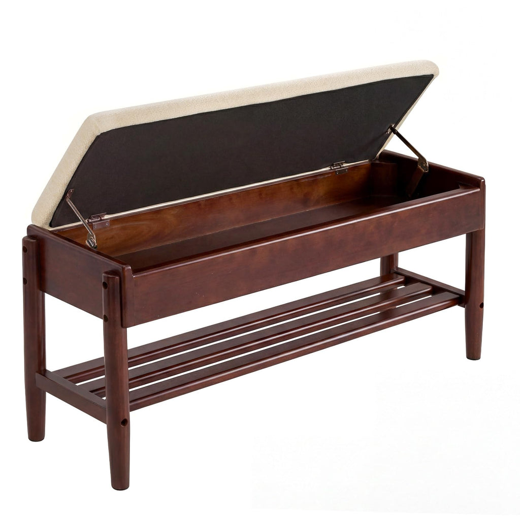 39.3" Solid Wood Shoe Rack Bench with Flip-Top Storage, 2 Tier Shoe Rack Bench with Chenille Cushion, Closet