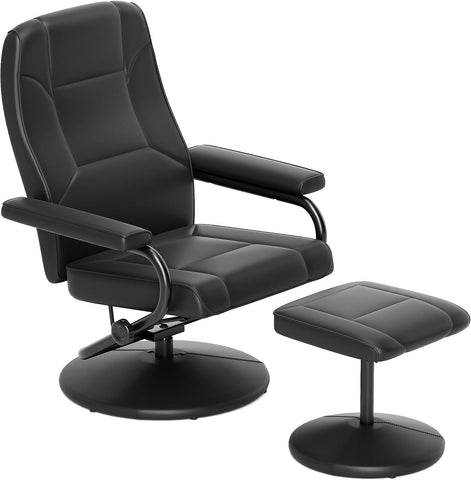 Modern Reclining Swivel Lounge Chair and Ottoman — Black Faux Leather