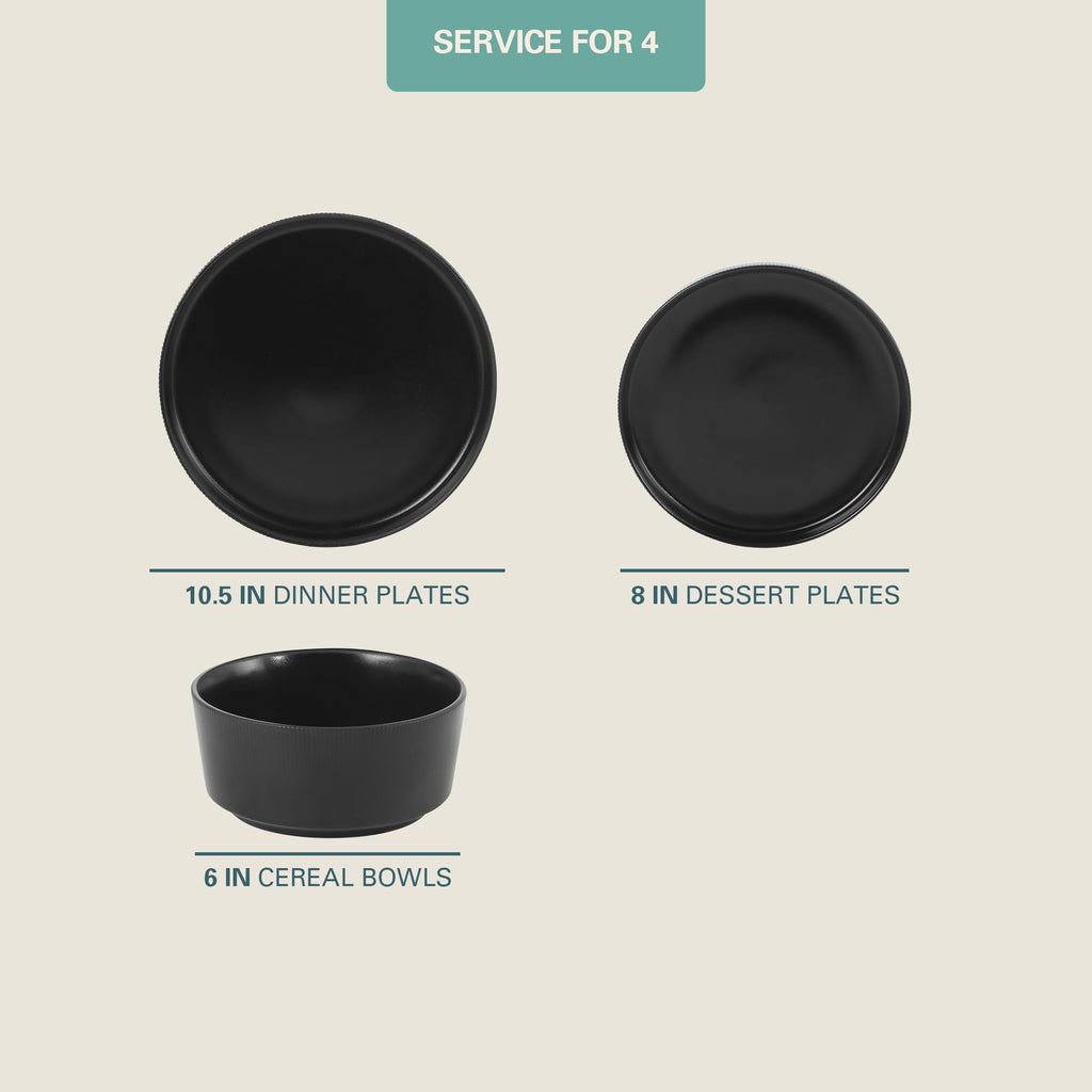 Dempsey Road 12-Piece Stoneware Dinnerware Set - Service for 4, Round Black Plates and Bowls, Durable Solid Color