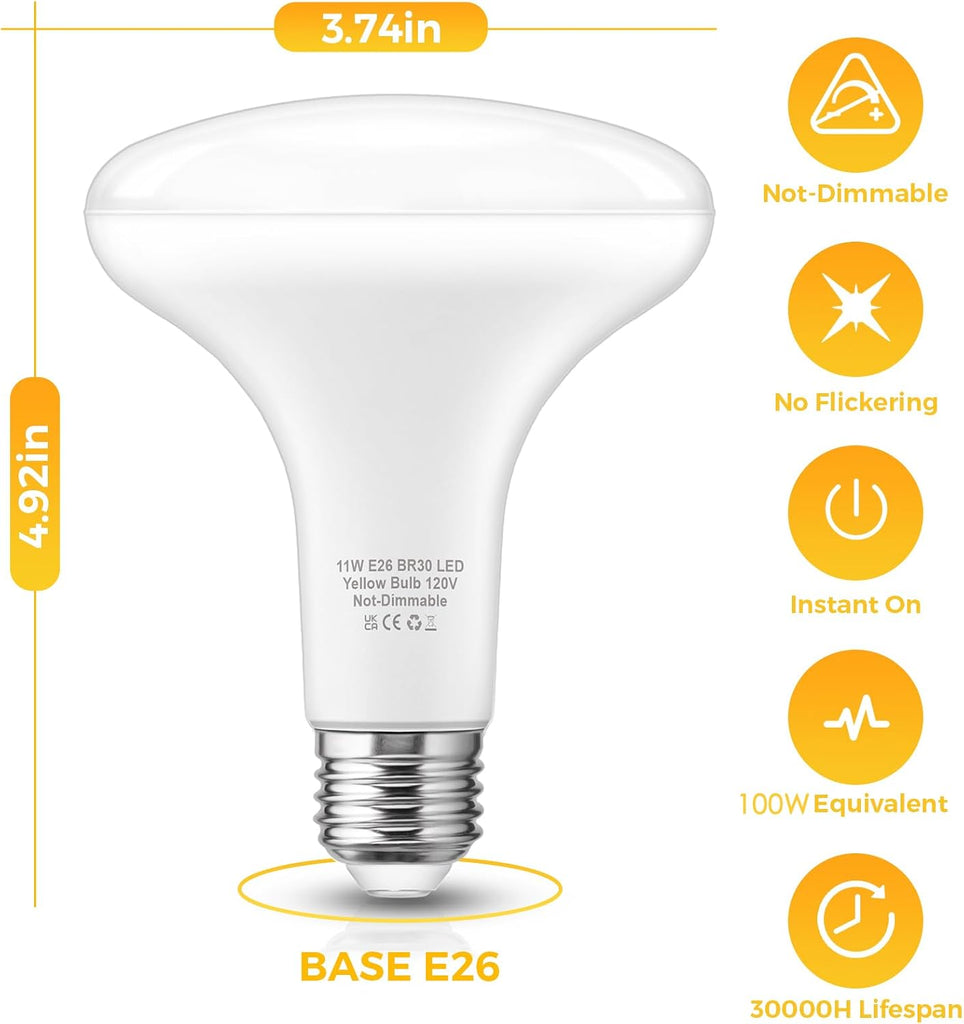 BR30 Yellow Bug Light Bulb 100W Equivalent 11W, 900LM E26 Base Not-Dimmable