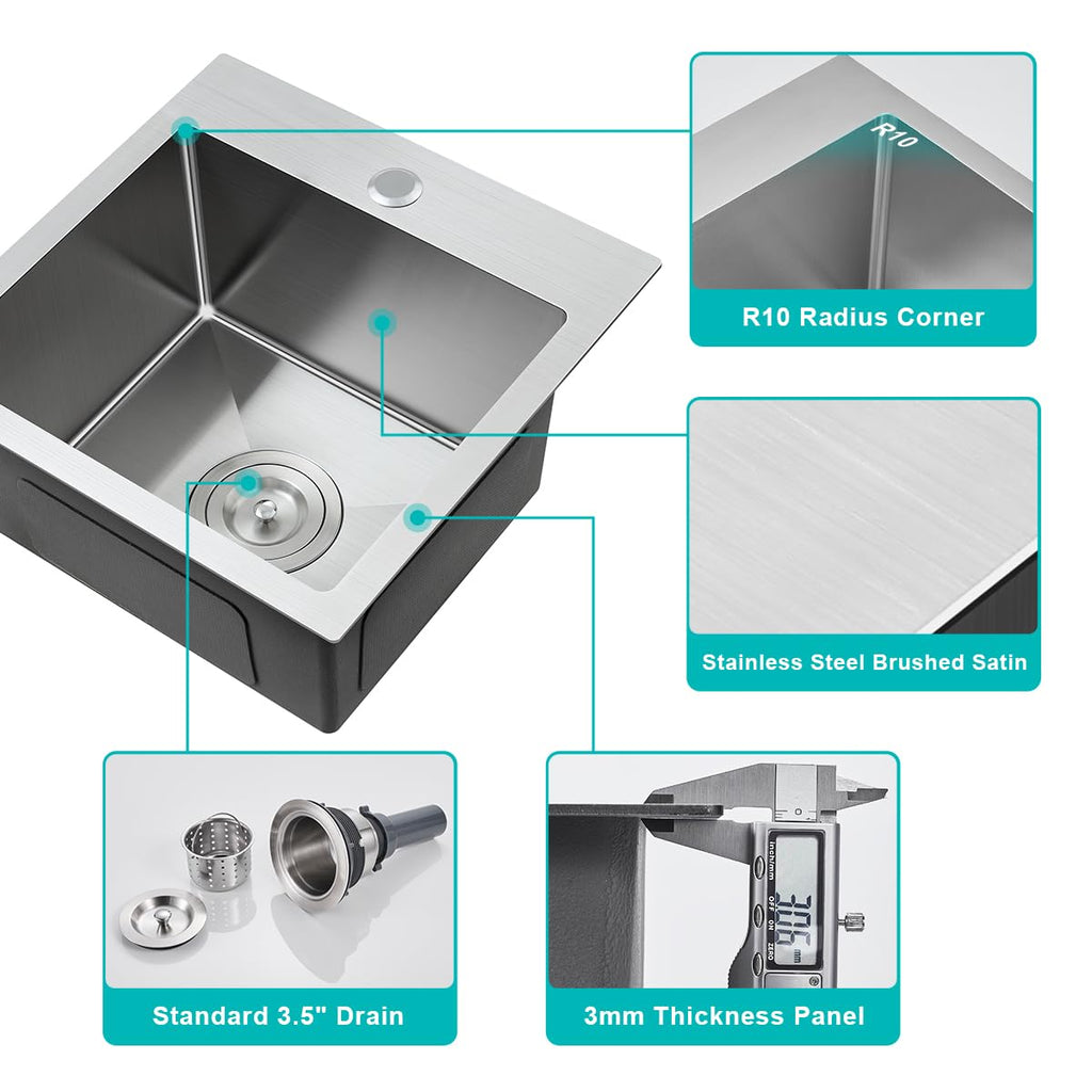 18"x18" Drop in Topmount Kitchen Sink, 304 Stainless Steel Brushed
