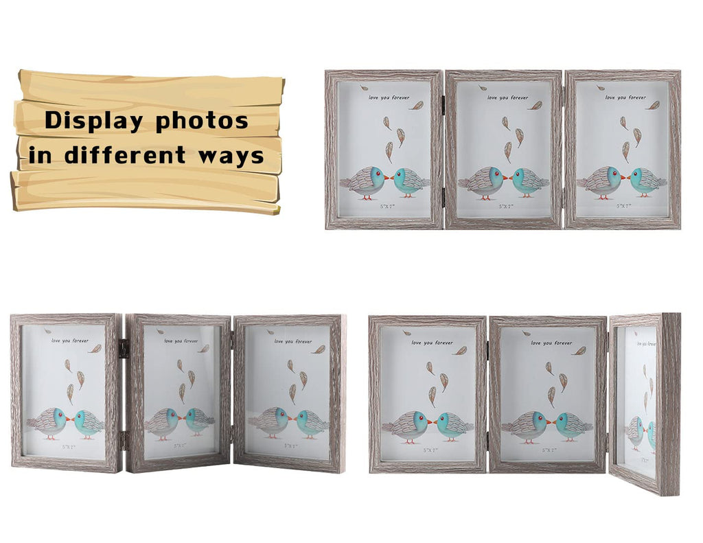 Triple 5x7 Picture Frames Hinged Wood 3 Opening Frame Display Gray