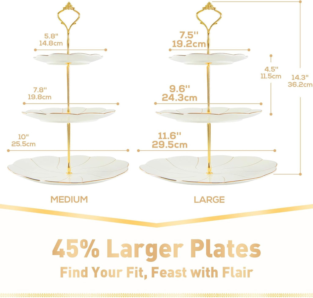 Luxury Larger 3-Tier Cupcake Stand Tower, British Style Porcelain Serving Tray with Golden Trim, Food Grade Dessert - Set of 3