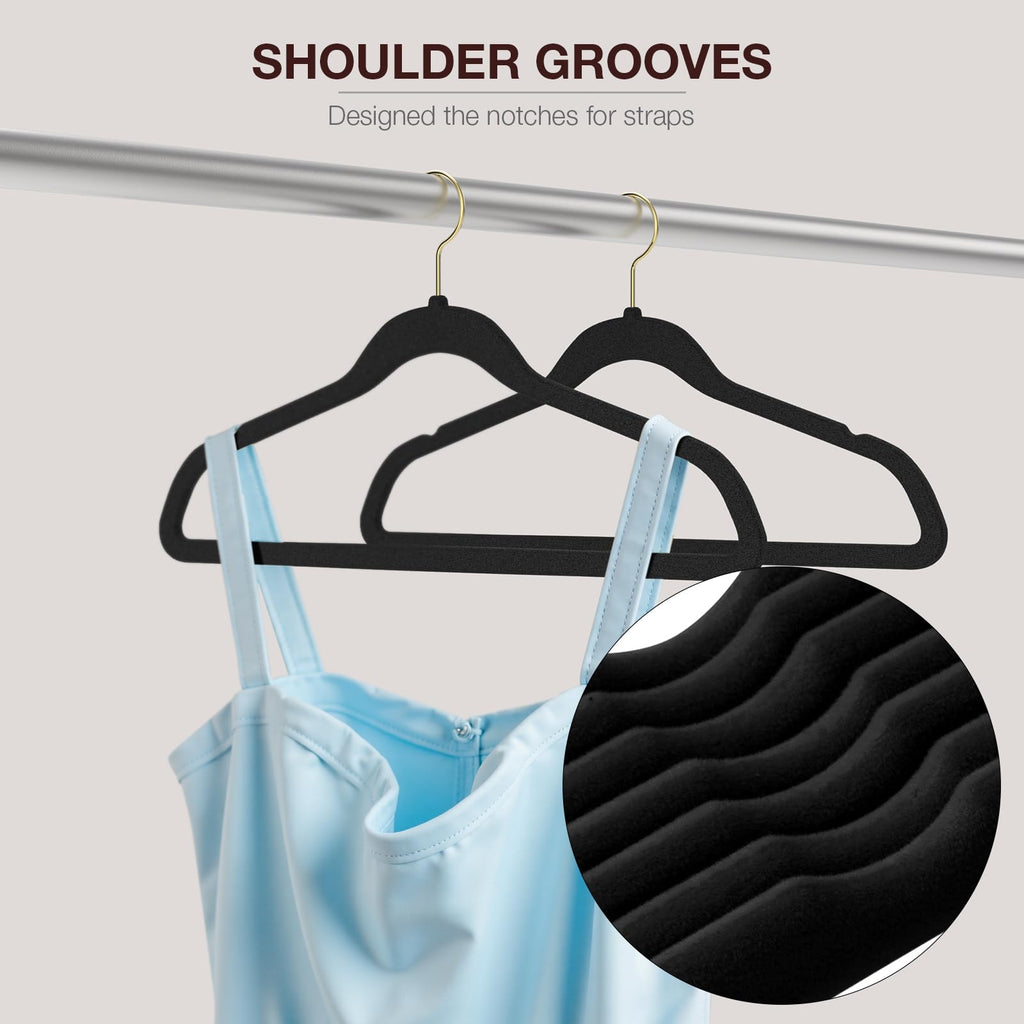 50 Pack Black Velvet Hangers, Felt Hangers with Gold 360°Swivel Hook, Coat Hanger Non Slip, Heavy-Duty, Space Saving, Slim