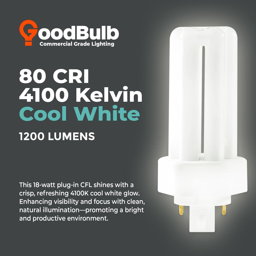 18 Watt CFL Light Bulbs 4 Pin GX24Q-2 Base 4100K Cool White 18W High Output 1200 Lumens Triple Tube Compact