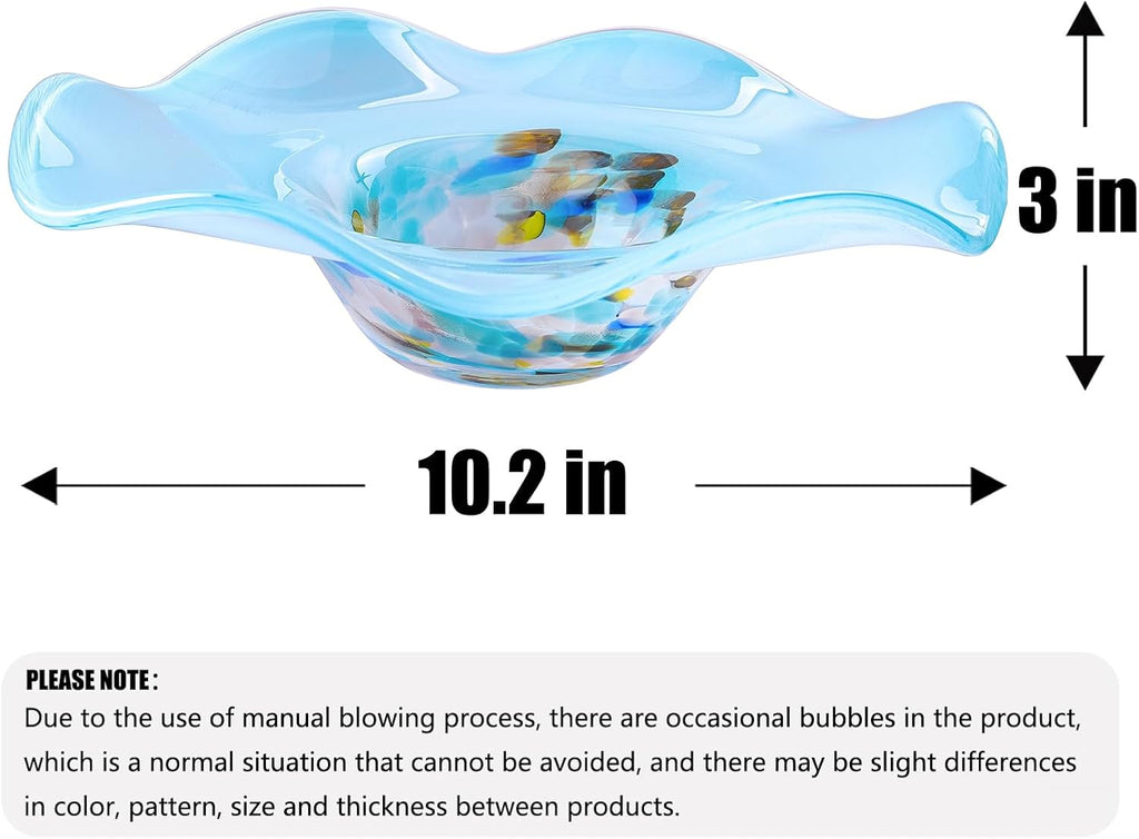 Hand Blown Murano-style Art Glass Bowl, 10.2-Inch Large Decorative Centerpiece for Table, Cobalt Blue Fruit Display &