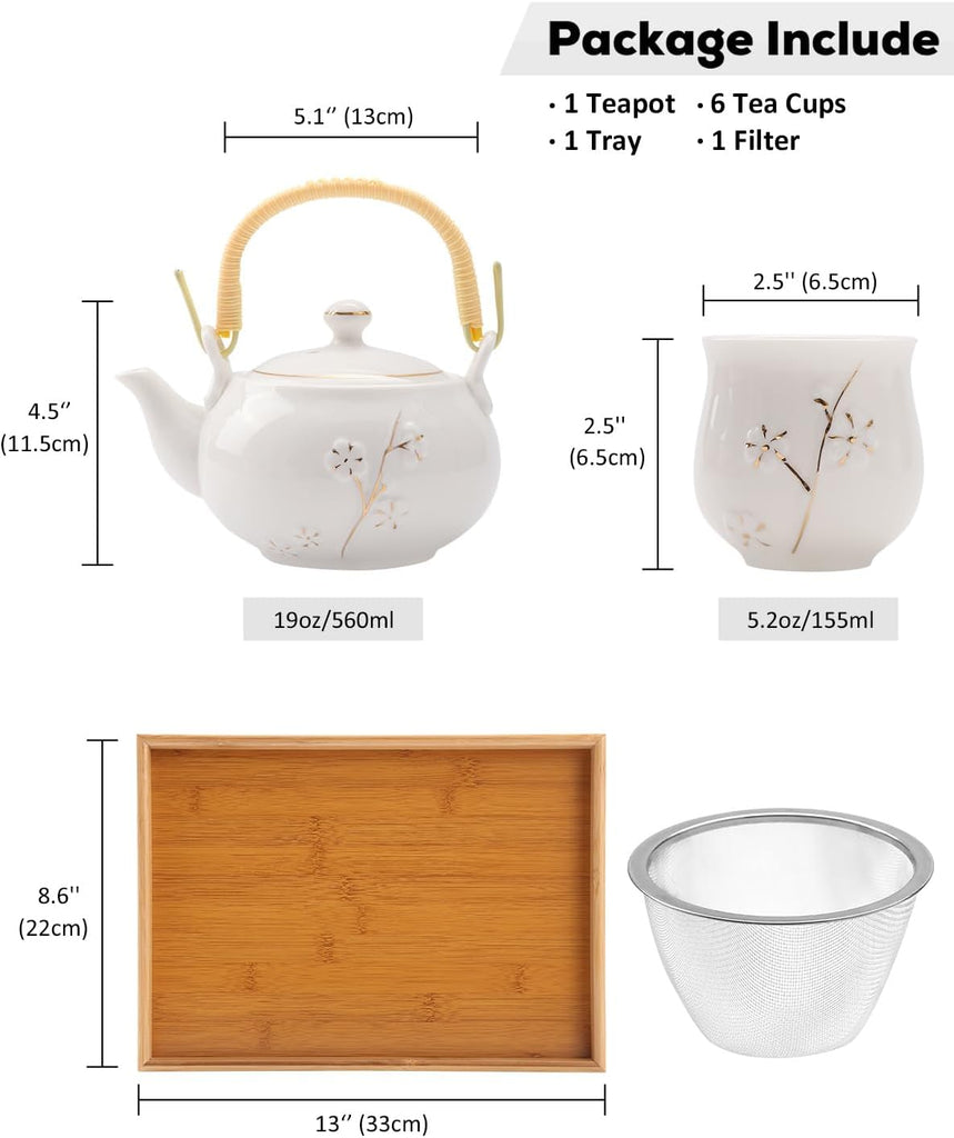Japanese White Porcelain Tea Set - Teapot, 6 Tea Cups, Tray & Stainless Infuser - Plum in Golden