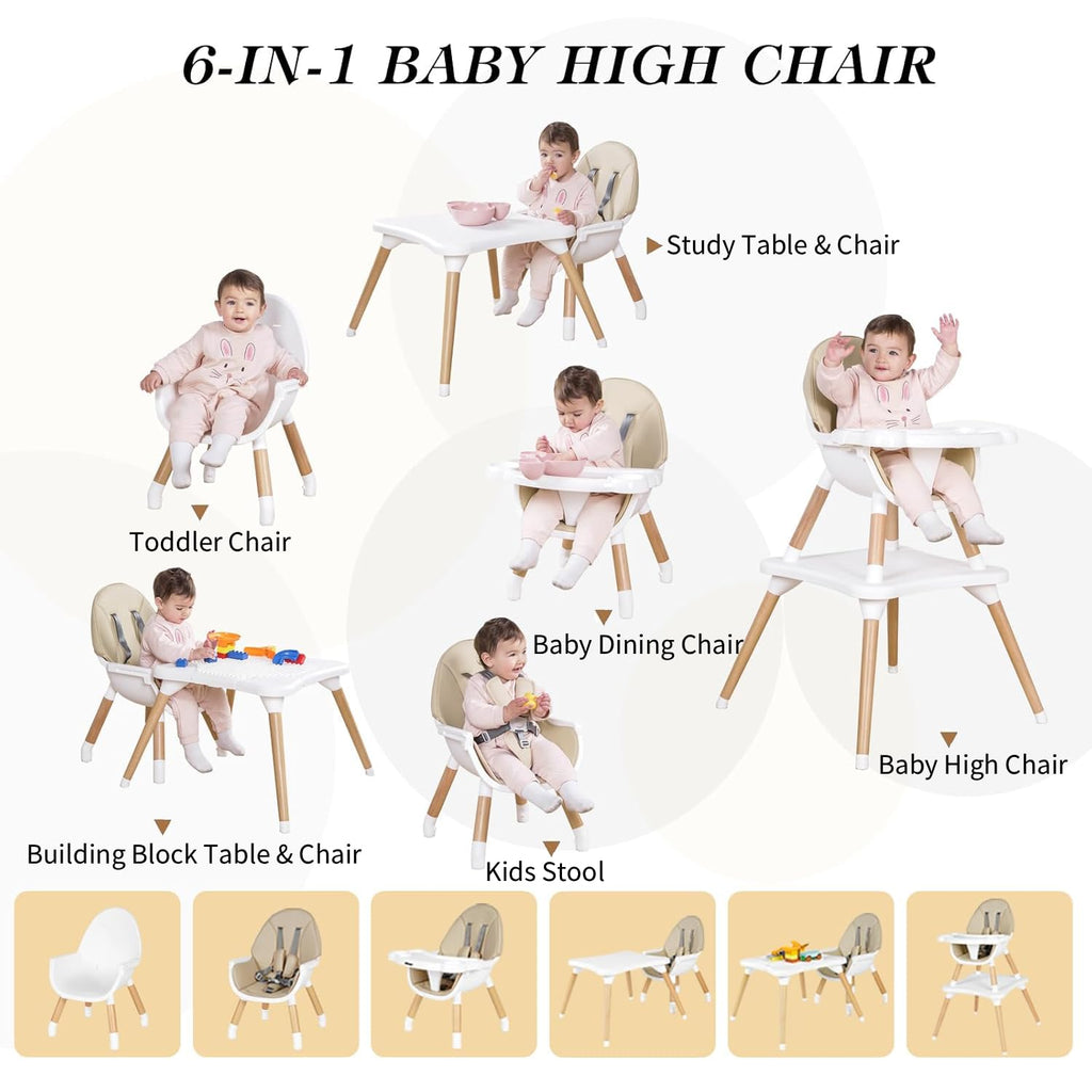 6 in 1 High Chair for Babies & Toddlers, Convertible Wooden Baby Highchair | Table and Chair Set, Baby Feeding Chair