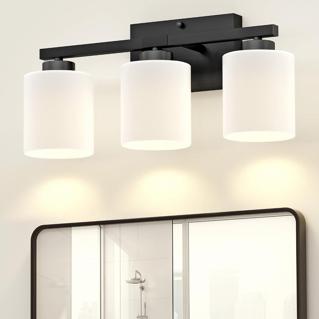 Bathroom Light Fixtures Black, 3-Light Vanity Lights Over Mirror | Modern Bathroom Vanity Light, Frosted Shades
