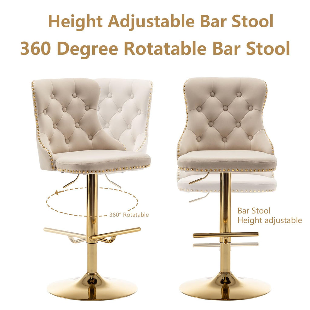 Velvet Bar Stools Set of 2, Counter Height Bar Stools with Button & Nailheads Trim, Gold Swivel Barstools Island, Pub