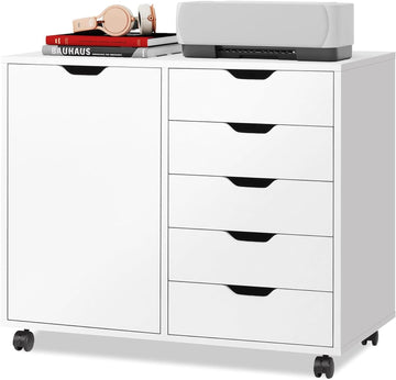 5-Drawer Wood Drawer Cabinet, Office Storage Cabinet, White | Craft Storage Cabinet, Under Desk Drawer, Rolling Cart