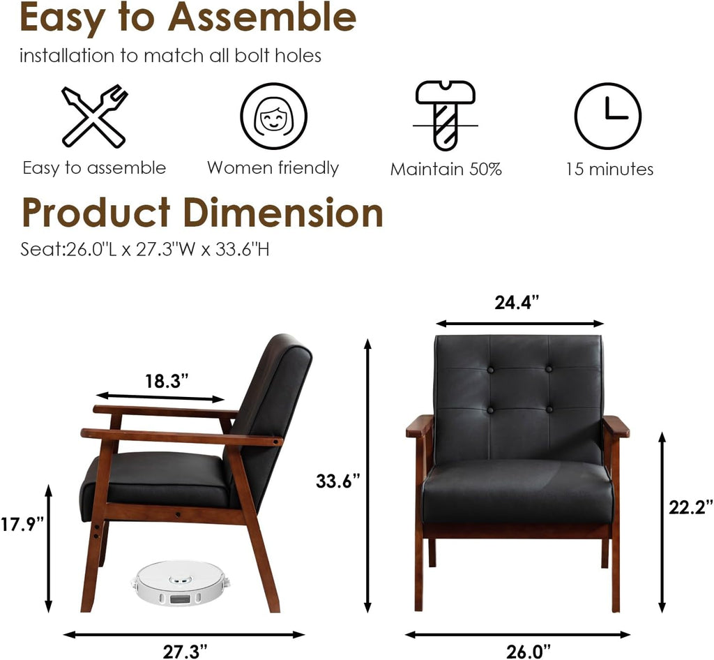 Black Leather Accent Chair, Waiting Chair with Wooden Arms