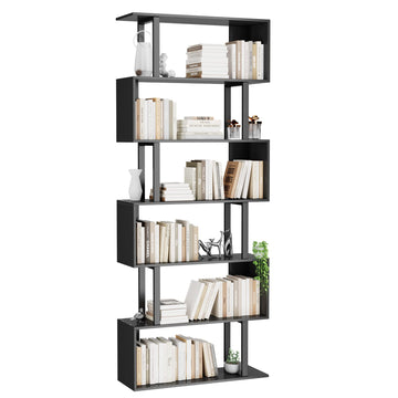 6 Tier Geometric Bookcase, Black Book Shelves, Modern Corner Bookcase Storage Shelf Wood, Black