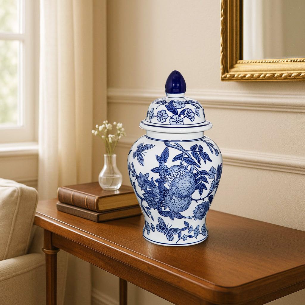 Blue and White Vase Ginger Jar - 12" Chinoiserie Decor Large Ginger Jar Blue & White Porcelain Flower Ceramic Covered