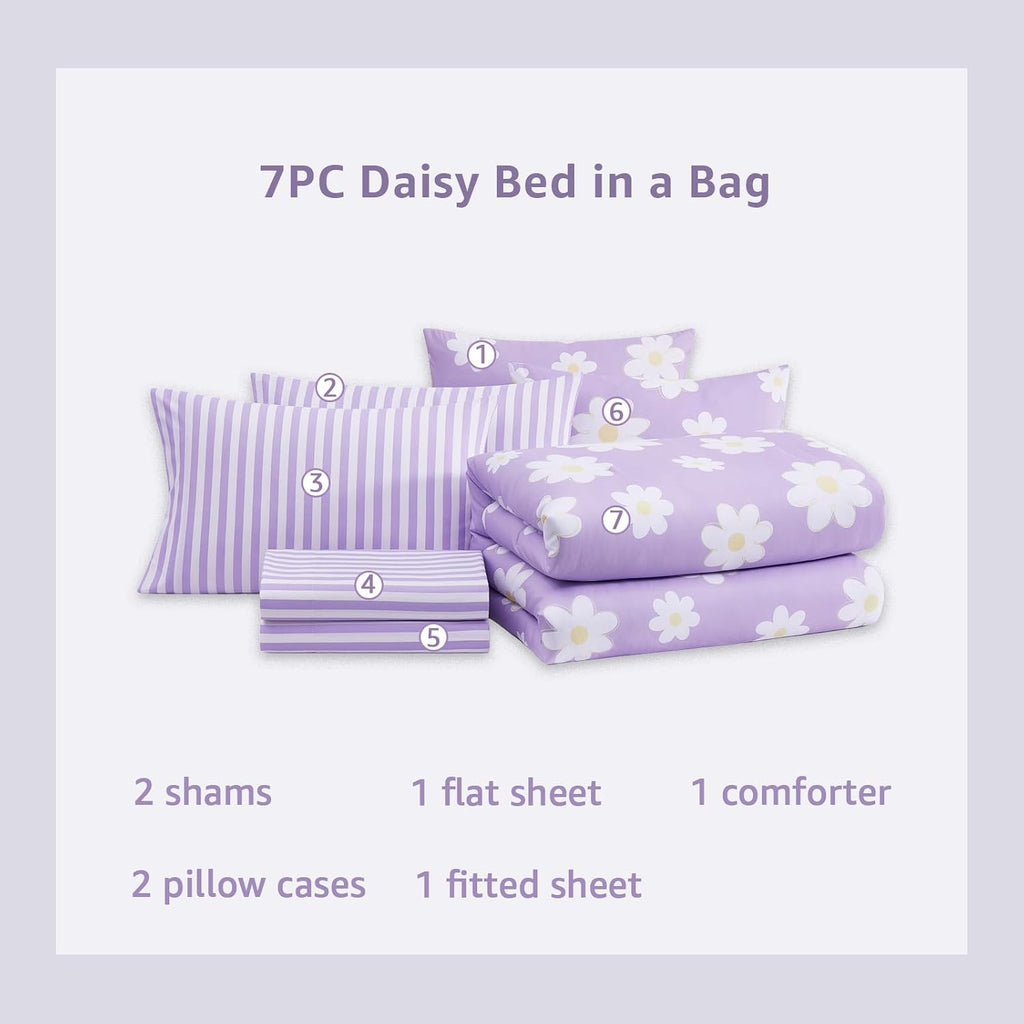 Full Comforter Sets for Girls, Daisy Kids Bedding Set Reversible with Cute Floral, All Season Bed in a Bag 7 Pieces
