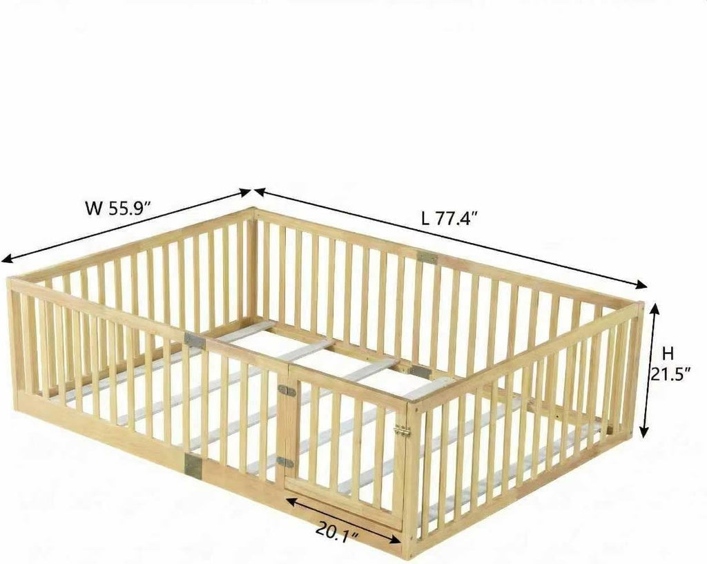 Kids Montessori Floor Bed Frame with Door and Slats, Solid Wood Floor Bed Frame with Slats and High Fence