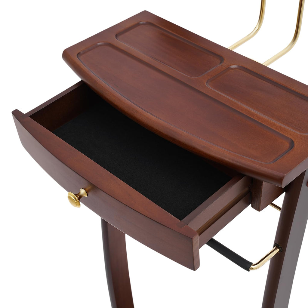 Suit Valet Stand Wood Valet Stand for Man, Wooden Clothing Valet Stand with Contour Hanger, Drawer, Trouser Bar, Tie