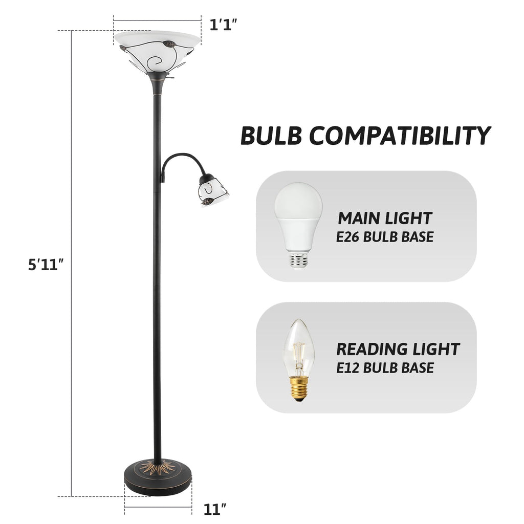 Torchiere Floor Lamp Tiffany Style w/ Side Reading Light, 3-Way Switch Combo Antique Bronze Mother Daughter Floor