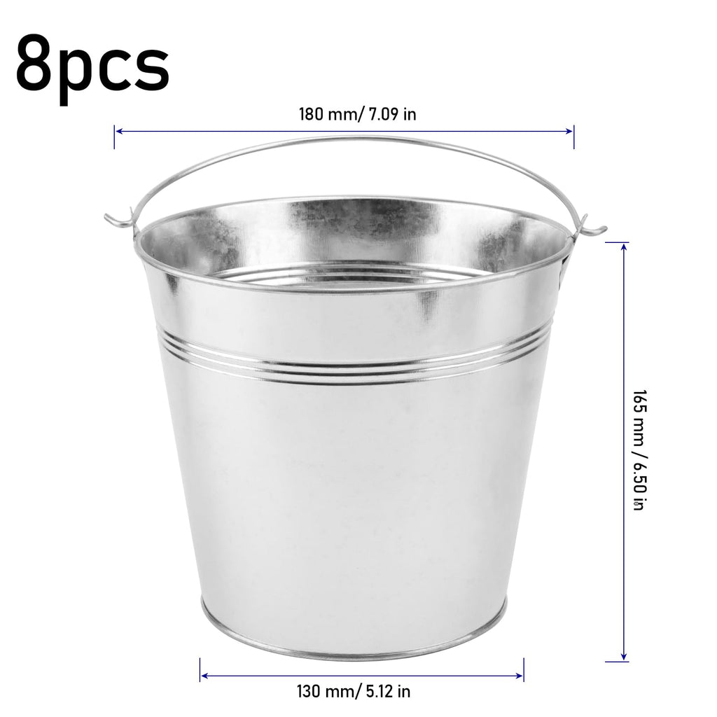 8 Packs 7 Inch Galvanized Metal Bucket with Handle, Round Flower Pot Plant Rustic Basket, Galvanized Planter Pail for