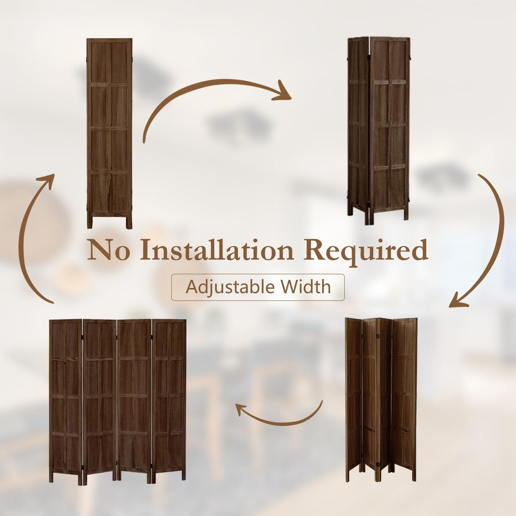 4 Panel Solid Wood Room Divider Folding Privacy Screen Brown