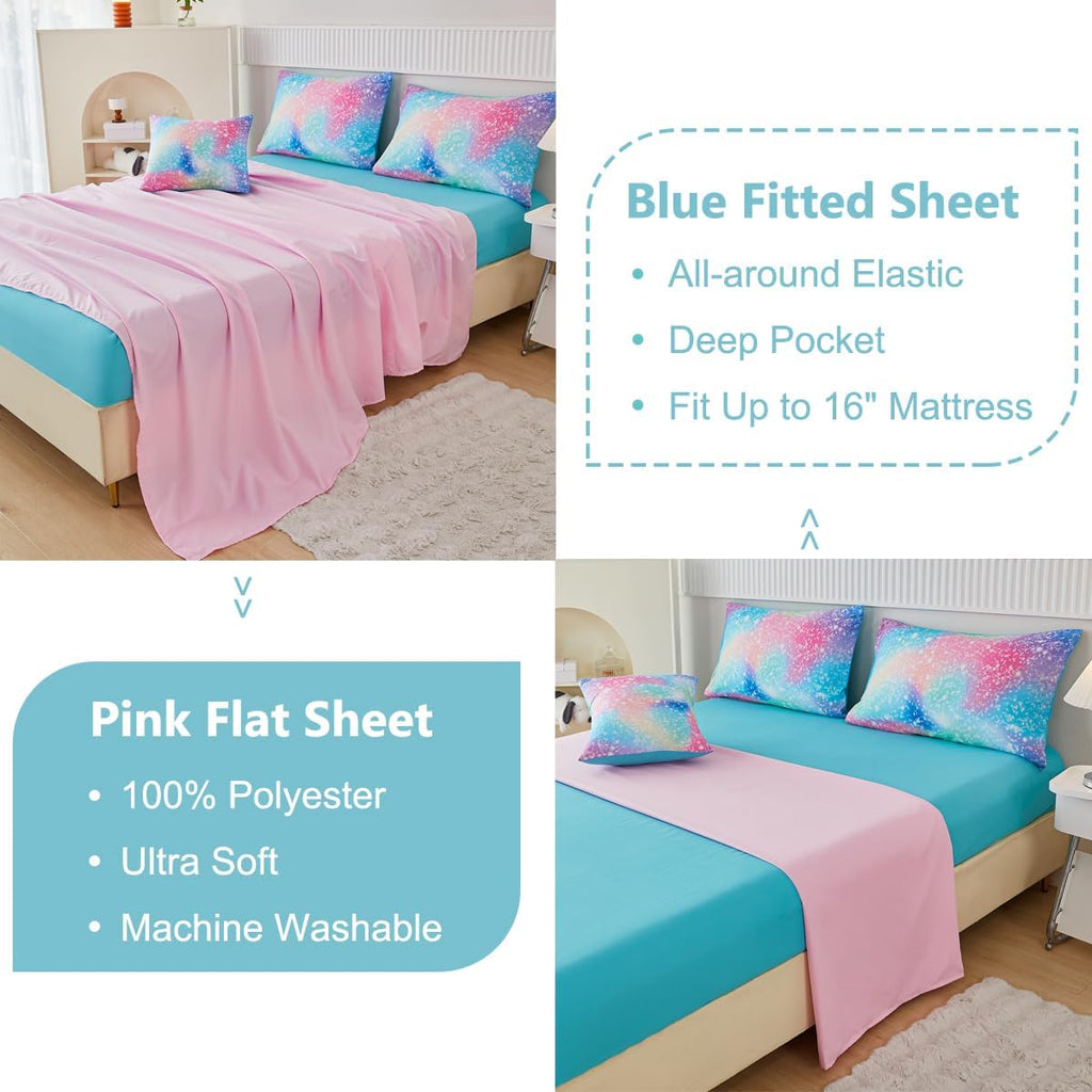 Pink Green Girls Twin Comforter Set, 6 Pieces Colorful Rainbow Kids Bedding Sets, Tie Dye Ombre Glitter Bed in A Bag