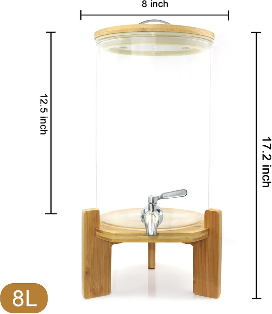 Glass Drink Dispenser with Stand,2.1 Gallons Wood Stand Cold Beverage Dispensers-Large Drink Dispensers