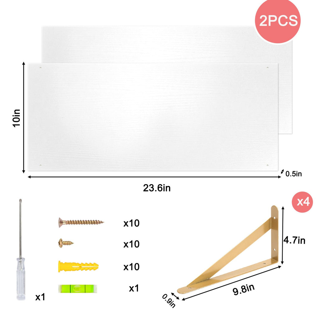 2pcs 10 in Deep Floating Shelves for Wall (White, 23.6" L)